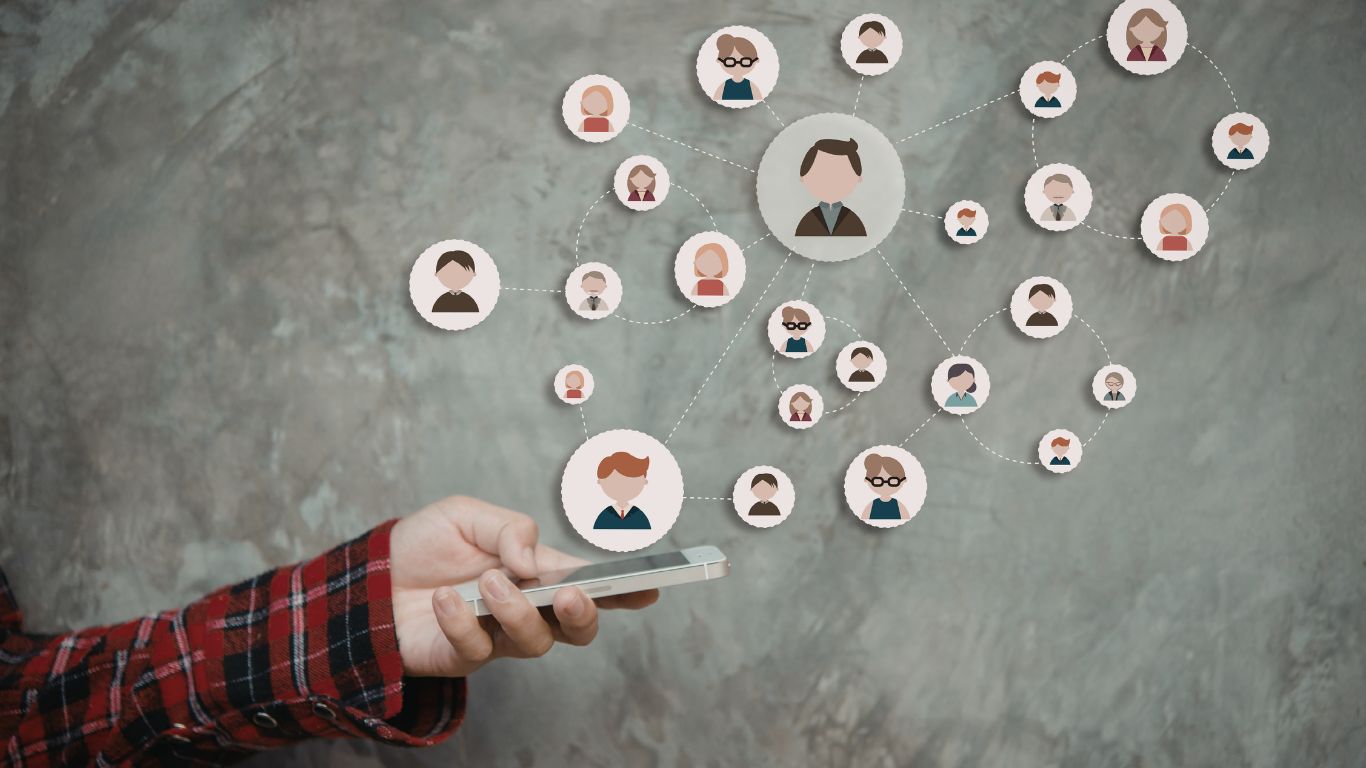 Social tracking visualization showing connected user profiles and data-driven engagement insights.