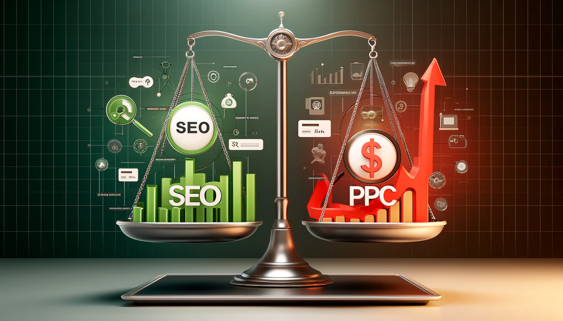 seo vs ppc represented by a balance scale.